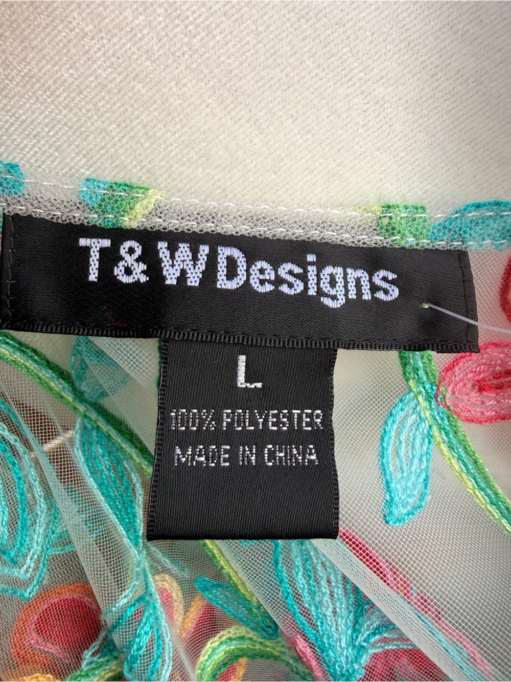 T&J Designs women’s Sheer Tunic with Pink, Teal & Green Floral Embroidery size L - Picture 4 of 4
